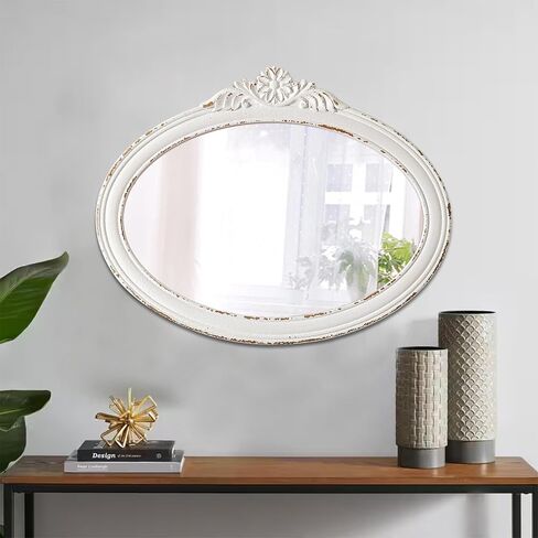 Rustic Oval Mirrors for Wall 18 X 24 Inch, Hanging Distressed White Oval Mirror Bathroom, Wooden Framed Farmhouse Mirrors for Wall Decor, Vintage Mirror with Carved Flower for Entryway in Saudi Arabia