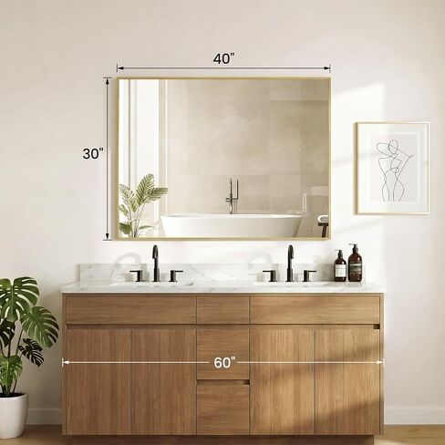 DUMOS Bathroom Mirror for Over Sink, 40" x 30" Rectangle Wall Mount Mirror with Metal Frame, Modern Vanity Mirrors with Tempered Glass, for Home Decor, Anti-Rust, Horizontal or Vertical, Gold in Saudi Arabia