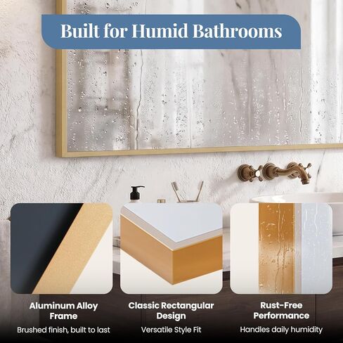 DUMOS Bathroom Mirror for Over Sink, 40" x 30" Rectangle Wall Mount Mirror with Metal Frame, Modern Vanity Mirrors with Tempered Glass, for Home Decor, Anti-Rust, Horizontal or Vertical, Gold in Saudi Arabia