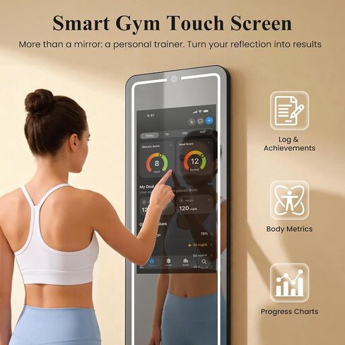 Smart Fitness Mirror for Home Gym Workout, 32" Touchscreen & Open System, No Subscription Fees, Support Fitness Apps, Wall Mount & Free Standing, Can be Used with Home Workout Equipment in Saudi Arabia