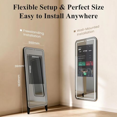 Smart Fitness Mirror for Home Gym Workout, 32" Touchscreen & Open System, No Subscription Fees, Support Fitness Apps, Wall Mount & Free Standing, Can be Used with Home Workout Equipment in Saudi Arabia
