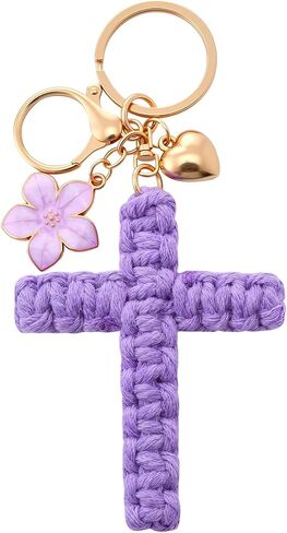 Macrame Cross Keychain Flowers&Hearts, Christian Jesus Car Keychain, Soft Boho for Women&Men, Cute Charms Bags Purse in Saudi Arabia