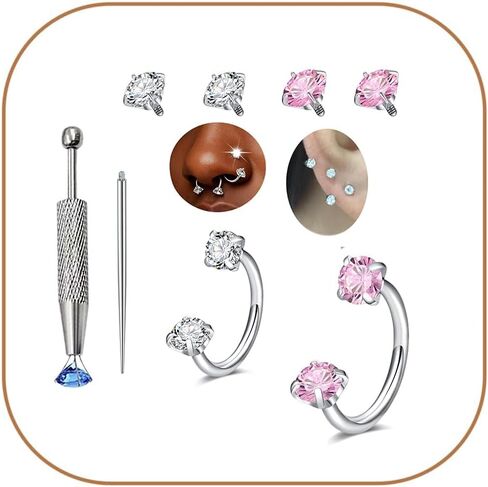 MODRSA 7mm 8mm 20g Horseshoe Nose Ring Hoop 20 gauge Silver Double Gem Horse Shoe Nose Rings for Women Surgical Steel Replacement Top Small Septum Cartilage Tragus Daith Earring Helix Piercing Jewelry in Saudi Arabia
