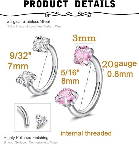 MODRSA 7mm 8mm 20g Horseshoe Nose Ring Hoop 20 gauge Silver Double Gem Horse Shoe Nose Rings for Women Surgical Steel Replacement Top Small Septum Cartilage Tragus Daith Earring Helix Piercing Jewelry in Saudi Arabia