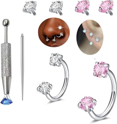 MODRSA 7mm 8mm 20g Horseshoe Nose Ring Hoop 20 gauge Silver Double Gem Horse Shoe Nose Rings for Women Surgical Steel Replacement Top Small Septum Cartilage Tragus Daith Earring Helix Piercing Jewelry in Saudi Arabia