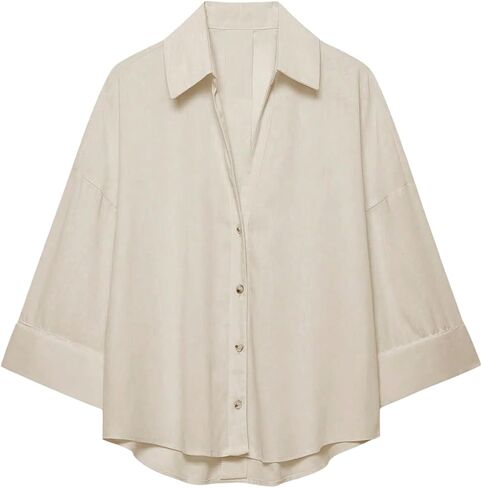 OYOANGLE Women's Button Up Curve Hem Dressy Blouse Elegant 3/4 Sleeve Shirt Casual Collar Tops in Kuwait