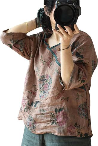 Women‘s Summer Lightweight Casual Blouse Vintage Floral Ramie V-Neck 3/4 Sleeve Wrap Tops in Saudi Arabia