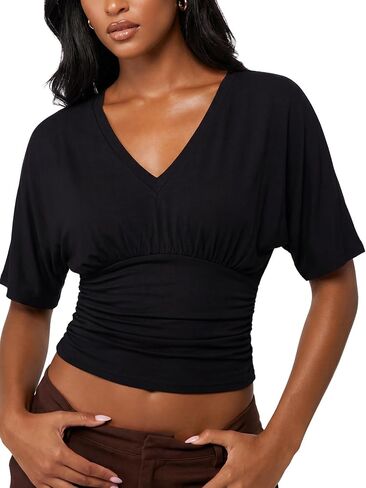 KIFOVEN Women's V Neck Short Sleeve Ruched Slim Fit Going Out Crop Top Blouse in Saudi Arabia