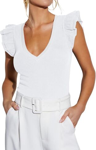 INFITTY Women's V Neck T Shirts Ruffle Sleeve Tops Dressy Sexy Sleeveless Slim Fitted Ribbed Tank Top Summer 2026 in Saudi Arabia