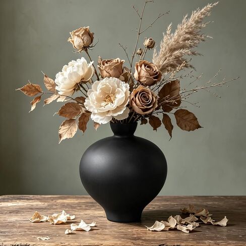 Matte Black Ceramic Vase, 9'' Modern Sculptural Round Flower Vase, Minimalist Bud Vase for Nordic Home Decor, Decorative Watertight Black Vase for Centerpiece Living Room Mantel Table Shelf in Saudi Arabia