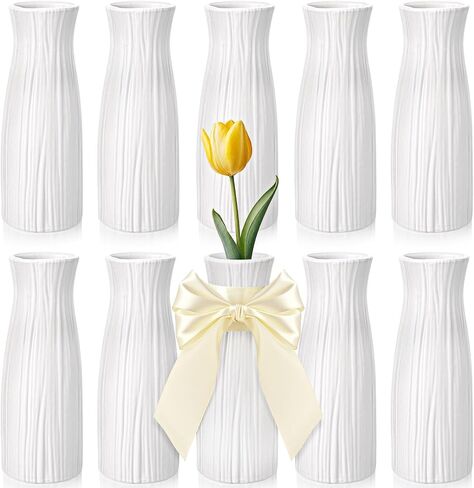 10 Pcs Plastic White Flower Vases Bulk Unbreakable Ceramic Look Vases with Ribbon for Centerpieces Home Decor Wedding Living Room, 7/8 Inch(Minimalist Style) in Saudi Arabia