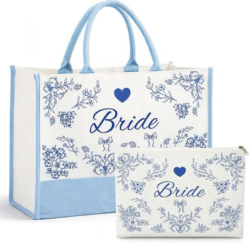 2 Pcs Tote Bag Bride Makeup Bag with Something Blue for Bride to Be for Bridal Shower Engagement Gifts Accessories Wedding Bachelorette Party Decorations in Saudi Arabia