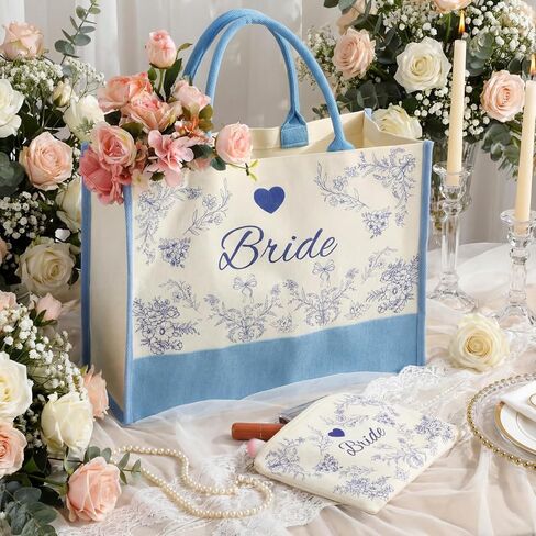 2 Pcs Tote Bag Bride Makeup Bag with Something Blue for Bride to Be for Bridal Shower Engagement Gifts Accessories Wedding Bachelorette Party Decorations in Saudi Arabia