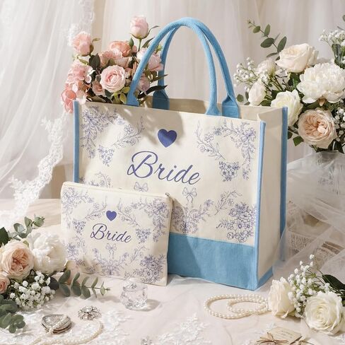 2 Pcs Tote Bag Bride Makeup Bag with Something Blue for Bride to Be for Bridal Shower Engagement Gifts Accessories Wedding Bachelorette Party Decorations in Saudi Arabia
