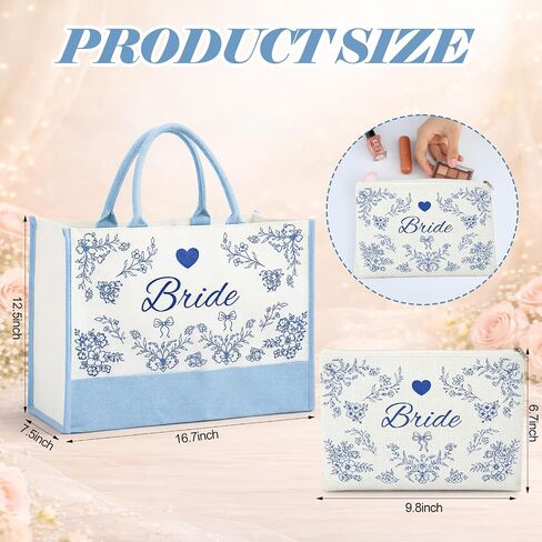 2 Pcs Tote Bag Bride Makeup Bag with Something Blue for Bride to Be for Bridal Shower Engagement Gifts Accessories Wedding Bachelorette Party Decorations in Saudi Arabia