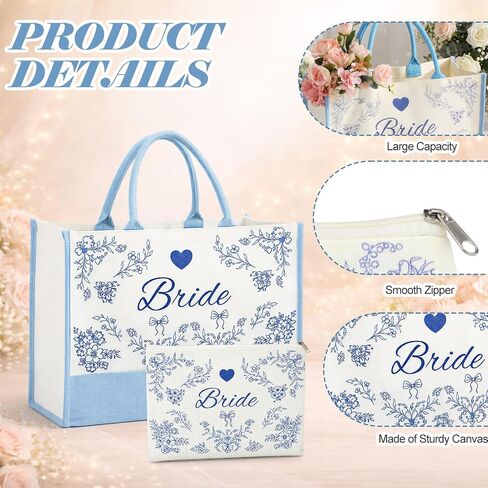 2 Pcs Tote Bag Bride Makeup Bag with Something Blue for Bride to Be for Bridal Shower Engagement Gifts Accessories Wedding Bachelorette Party Decorations in Saudi Arabia
