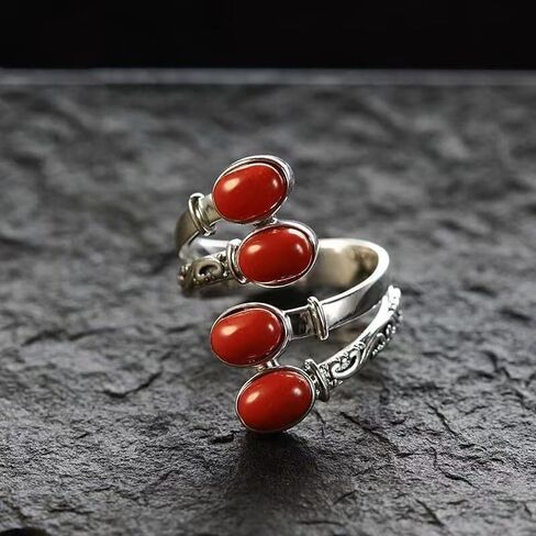 Vintage Red Stone Agate Open Ring for Women - Adjustable Statement Ring Bohemian Retro Finger Ring for Daily & Party Wear in Kuwait