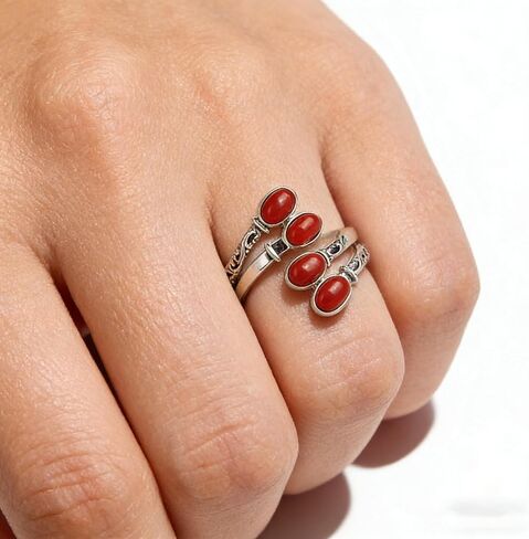 Vintage Red Stone Agate Open Ring for Women - Adjustable Statement Ring Bohemian Retro Finger Ring for Daily & Party Wear in Kuwait