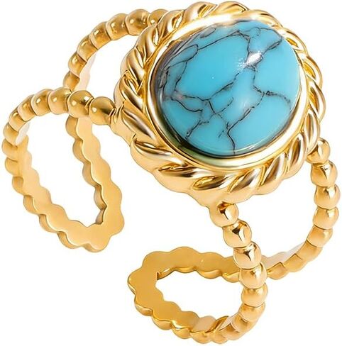 NewZenro Boho Oval Turquoise Open Adjustable Ring for Women Dainty Vintage Gold-tone Natural Stone Statement Ring Stainless Steel Fashion Trendy Jewelry for Bff Her Holiday in Kuwait