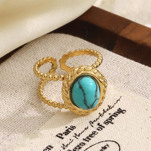 NewZenro Boho Oval Turquoise Open Adjustable Ring for Women Dainty Vintage Gold-tone Natural Stone Statement Ring Stainless Steel Fashion Trendy Jewelry for Bff Her Holiday in Kuwait