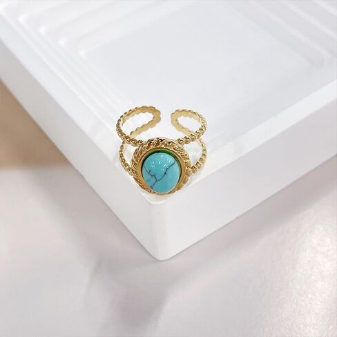 NewZenro Boho Oval Turquoise Open Adjustable Ring for Women Dainty Vintage Gold-tone Natural Stone Statement Ring Stainless Steel Fashion Trendy Jewelry for Bff Her Holiday in Kuwait