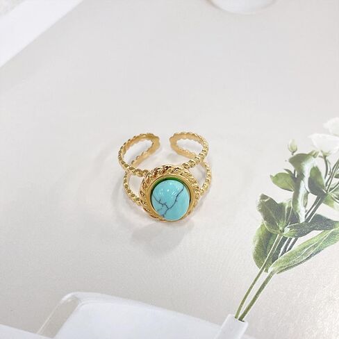 NewZenro Boho Oval Turquoise Open Adjustable Ring for Women Dainty Vintage Gold-tone Natural Stone Statement Ring Stainless Steel Fashion Trendy Jewelry for Bff Her Holiday in Kuwait