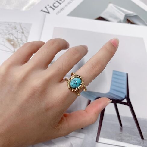NewZenro Boho Oval Turquoise Open Adjustable Ring for Women Dainty Vintage Gold-tone Natural Stone Statement Ring Stainless Steel Fashion Trendy Jewelry for Bff Her Holiday in Kuwait