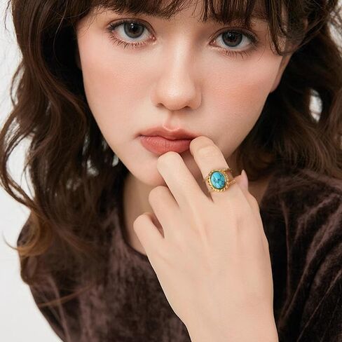 NewZenro Boho Oval Turquoise Open Adjustable Ring for Women Dainty Vintage Gold-tone Natural Stone Statement Ring Stainless Steel Fashion Trendy Jewelry for Bff Her Holiday in Kuwait