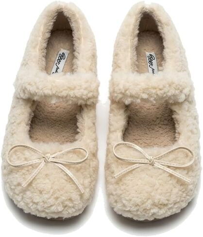 Fuzzy Mary Jane Shoes for Women Winter Warm Fleece Flats Cozy Plush Bow Platform Cotton Shoes Outdoor Slip on Loafers in Saudi Arabia