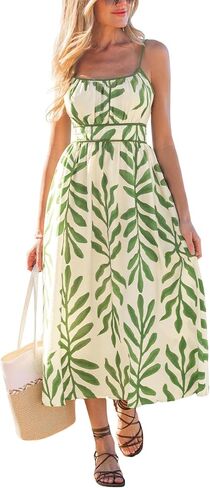 CUPSHE Women's Summer Dresse Floral Boho Ruched Flowy Ruffle Vacation Hawaiian Cami Smocked Midi Dress in Kuwait
