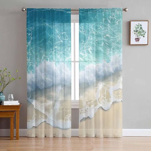 Summer Beach Sheer Curtains 84 Inches Long, Blue Ocean Waves Coastal Light Filtering Window Curtains for Living Room/Bedroom, Seaside Waves Rod Pocket Voile Sheer Curtain Drapes, 52"W x 84"L, 2 Panels in Kuwait