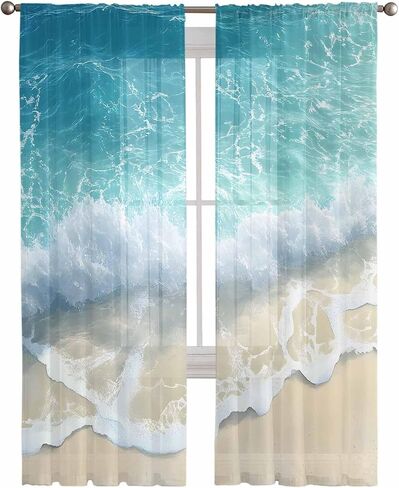 Summer Beach Sheer Curtains 84 Inches Long, Blue Ocean Waves Coastal Light Filtering Window Curtains for Living Room/Bedroom, Seaside Waves Rod Pocket Voile Sheer Curtain Drapes, 52"W x 84"L, 2 Panels in Kuwait