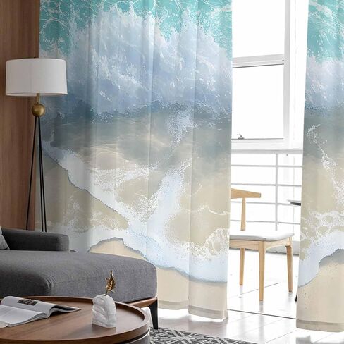 Summer Beach Sheer Curtains 84 Inches Long, Blue Ocean Waves Coastal Light Filtering Window Curtains for Living Room/Bedroom, Seaside Waves Rod Pocket Voile Sheer Curtain Drapes, 52"W x 84"L, 2 Panels in Kuwait