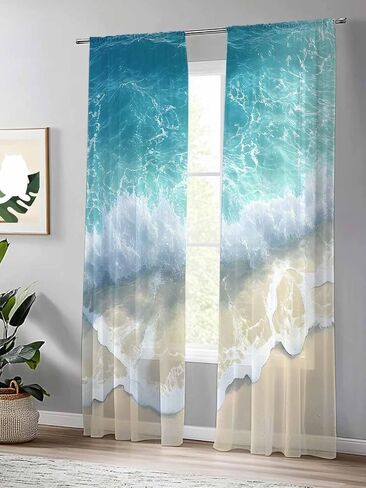 Summer Beach Sheer Curtains 84 Inches Long, Blue Ocean Waves Coastal Light Filtering Window Curtains for Living Room/Bedroom, Seaside Waves Rod Pocket Voile Sheer Curtain Drapes, 52"W x 84"L, 2 Panels in Kuwait