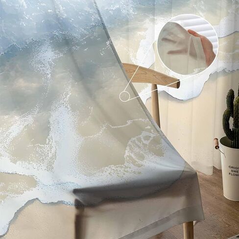 Summer Beach Sheer Curtains 84 Inches Long, Blue Ocean Waves Coastal Light Filtering Window Curtains for Living Room/Bedroom, Seaside Waves Rod Pocket Voile Sheer Curtain Drapes, 52"W x 84"L, 2 Panels in Kuwait