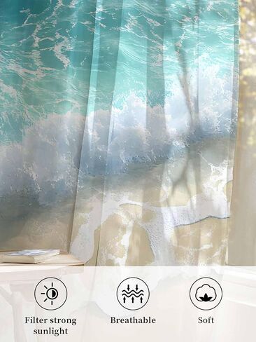 Summer Beach Sheer Curtains 84 Inches Long, Blue Ocean Waves Coastal Light Filtering Window Curtains for Living Room/Bedroom, Seaside Waves Rod Pocket Voile Sheer Curtain Drapes, 52"W x 84"L, 2 Panels in Kuwait
