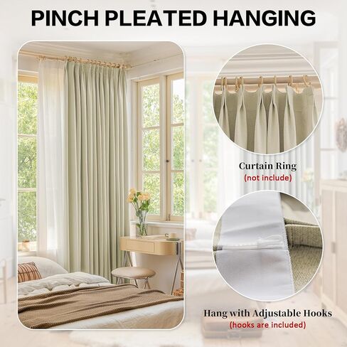 HUTO Pinch Pleated Curtain 52W x 84L Inches, Triple Weave Faux Linen Full Blackout Thermal Insulated Waterproof Drape with Tieback for Bedroom, Living Room, Easy Hanging via Hooks, Beige, 1 Panel in Saudi Arabia