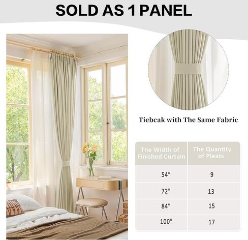 HUTO Pinch Pleated Curtain 52W x 84L Inches, Triple Weave Faux Linen Full Blackout Thermal Insulated Waterproof Drape with Tieback for Bedroom, Living Room, Easy Hanging via Hooks, Beige, 1 Panel in Saudi Arabia