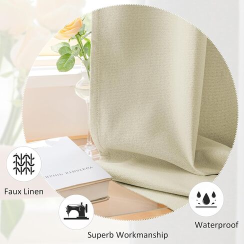 HUTO Pinch Pleated Curtain 52W x 84L Inches, Triple Weave Faux Linen Full Blackout Thermal Insulated Waterproof Drape with Tieback for Bedroom, Living Room, Easy Hanging via Hooks, Beige, 1 Panel in Saudi Arabia
