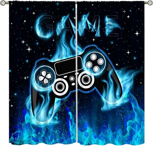 Blue Gamer Curtains for Boys,Fantasy Cartoon Flame Video Computer Gamepad Starry Window Treatments Print for Kids Teenage Bedroom Living Room 41x44.5in（No Blackout） in Saudi Arabia
