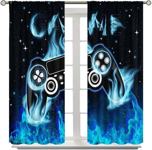 Blue Gamer Curtains for Boys,Fantasy Cartoon Flame Video Computer Gamepad Starry Window Treatments Print for Kids Teenage Bedroom Living Room 41x44.5in（No Blackout） in Saudi Arabia