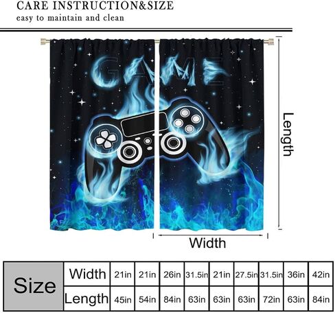 Blue Gamer Curtains for Boys,Fantasy Cartoon Flame Video Computer Gamepad Starry Window Treatments Print for Kids Teenage Bedroom Living Room 41x44.5in（No Blackout） in Saudi Arabia