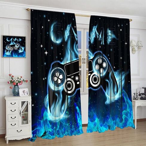 Blue Gamer Curtains for Boys,Fantasy Cartoon Flame Video Computer Gamepad Starry Window Treatments Print for Kids Teenage Bedroom Living Room 41x44.5in（No Blackout） in Saudi Arabia