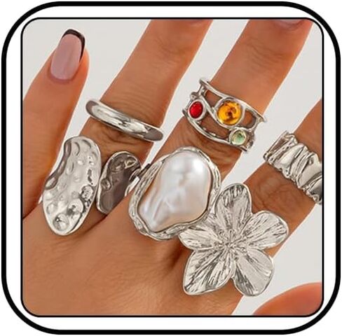 GAUEIOUR 6 Pieces Chunky Silver Rings for Women Flower Knuckle Statement Ring Set French Baroque Style Retro Open Metal Rings Fashion Stacking Jewellery for Special Occasions (Silver) in Saudi Arabia