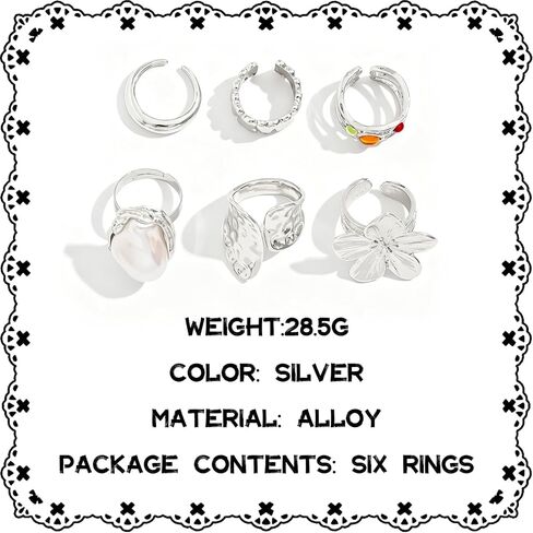 GAUEIOUR 6 Pieces Chunky Silver Rings for Women Flower Knuckle Statement Ring Set French Baroque Style Retro Open Metal Rings Fashion Stacking Jewellery for Special Occasions (Silver) in Saudi Arabia