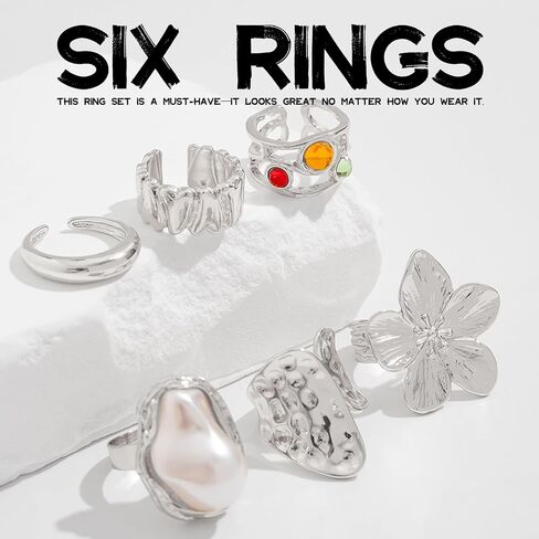 GAUEIOUR 6 Pieces Chunky Silver Rings for Women Flower Knuckle Statement Ring Set French Baroque Style Retro Open Metal Rings Fashion Stacking Jewellery for Special Occasions (Silver) in Saudi Arabia