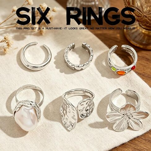 GAUEIOUR 6 Pieces Chunky Silver Rings for Women Flower Knuckle Statement Ring Set French Baroque Style Retro Open Metal Rings Fashion Stacking Jewellery for Special Occasions (Silver) in Saudi Arabia