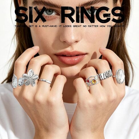 GAUEIOUR 6 Pieces Chunky Silver Rings for Women Flower Knuckle Statement Ring Set French Baroque Style Retro Open Metal Rings Fashion Stacking Jewellery for Special Occasions (Silver) in Saudi Arabia