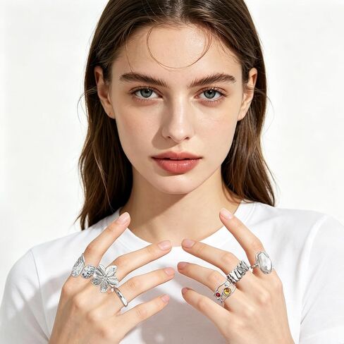 GAUEIOUR 6 Pieces Chunky Silver Rings for Women Flower Knuckle Statement Ring Set French Baroque Style Retro Open Metal Rings Fashion Stacking Jewellery for Special Occasions (Silver) in Saudi Arabia