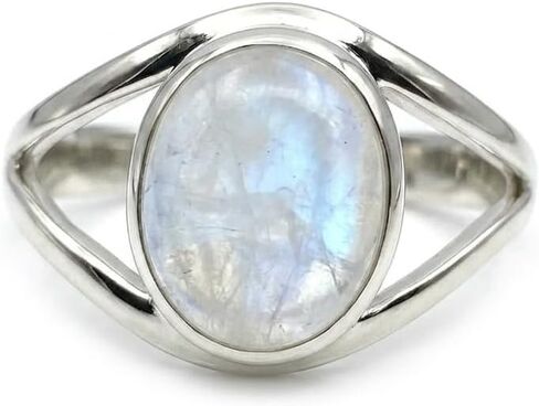 الصلبة 925 الفضة الاسترليني حقيقية البيضاوي قوس قزح Moonstone سبليت شانك الفرقة اليدوية بيان خاتم المرأة للهدايا in Kuwait